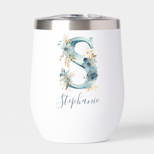 Monogram Initial S Blue Floral Watercolor Gift Her (Front)