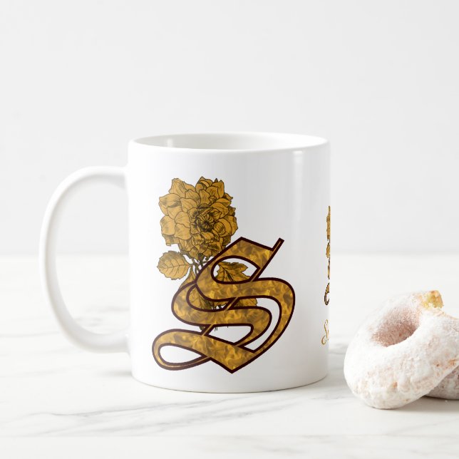 Monogram Initial S Elegant Gold Peony Personalized Coffee Mug (With Donut)