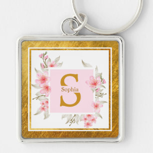Monogram Initial "S" Floral - Pink Roses & Gold Keychain