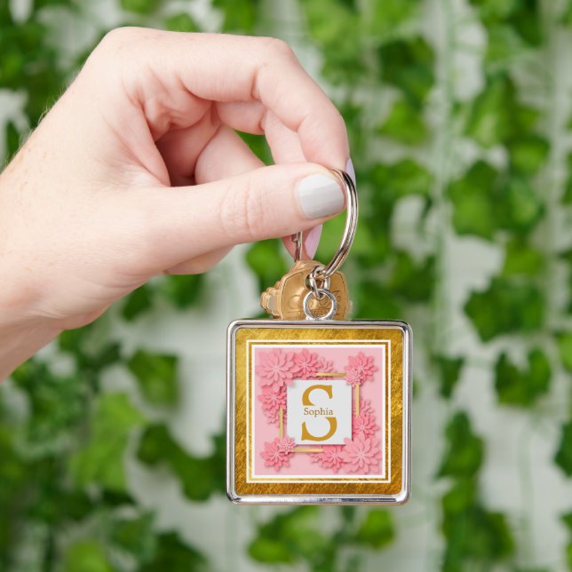 Monogram Initial "S" Floral - Pink Roses & Gold Keychain (Hand)