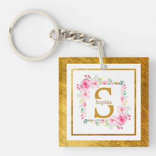 Monogram Initial "S" Floral - Pink Roses & Gold Keychain