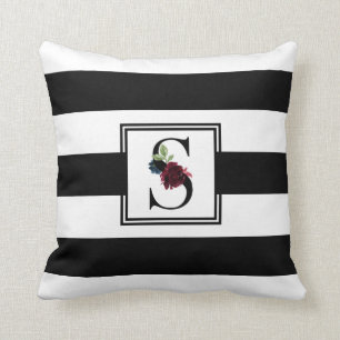 Monogram Initial S Floral Stripes Pattern Throw Pillow