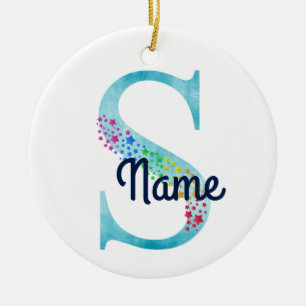 Monogram Initial S Rainbow Star design Ceramic Ornament