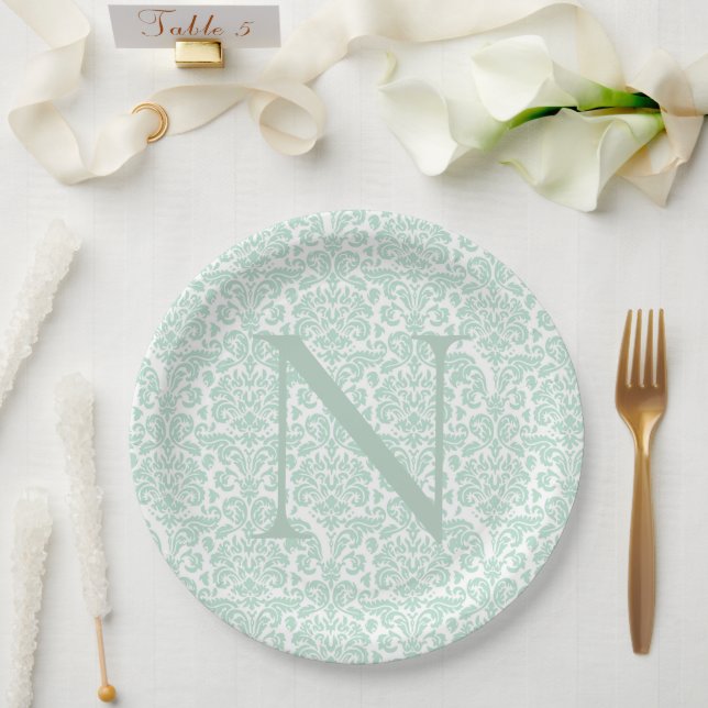 Monogram Initial Sage Green Damask  Paper Plate (Wedding)