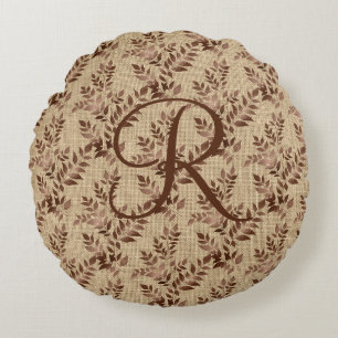 Monogram Initial Script Brown Rose Gold Leaves Round Pillow
