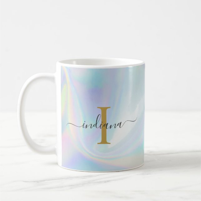 Monogram Initial Script Holographic Modern Mom Coffee Mug (Left)