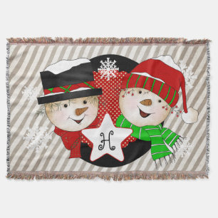 Monogram Initial Snowmen on Grey Stripe Throw Blanket