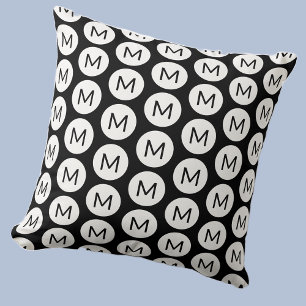 Monogram Initial Spot Pattern Personalized Black Throw Pillow