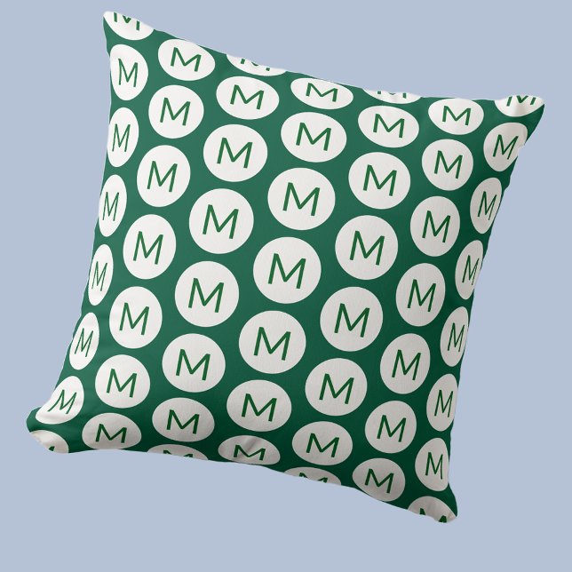 Monogram Initial Spot Pattern Personalized Green Throw Pillow (Polka dot spot pattern modern monogram initial personalized throw pillow in Forest Green and white)