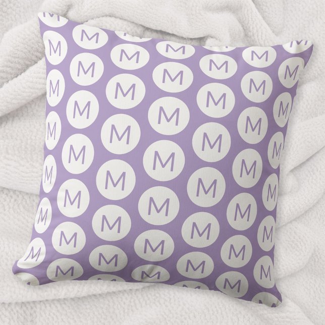 Monogram Initial Spot Pattern Personalized Lilac Throw Pillow (Simple pastel lilac purple personalized monogram initial circle dot pattern throw pillow)