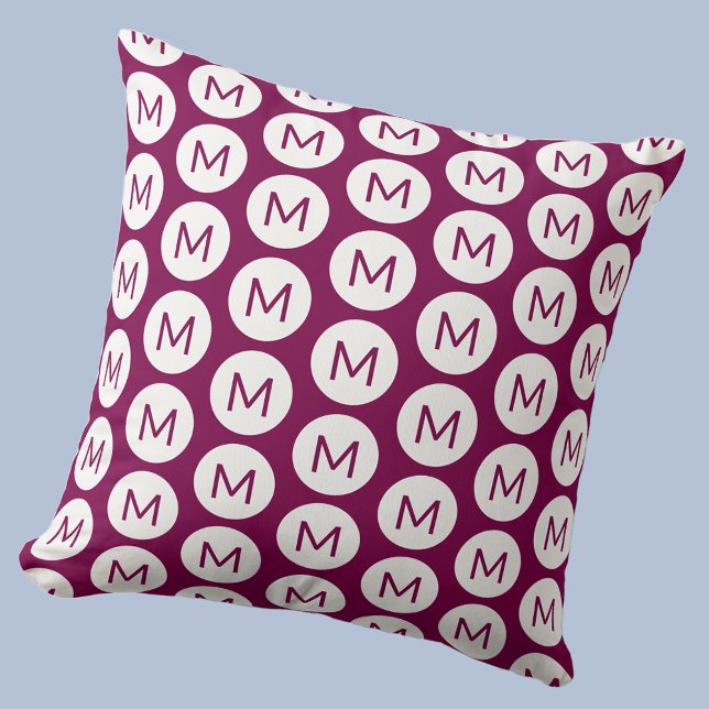 Monogram Initial Spot Pattern Personalized Pink Throw Pillow (Polka dot spot pattern modern monogram initial personalized pillow In cherry pink and white)