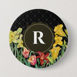 Monogram Initial Spring Flowers Damask Background 3 Inch Round Button