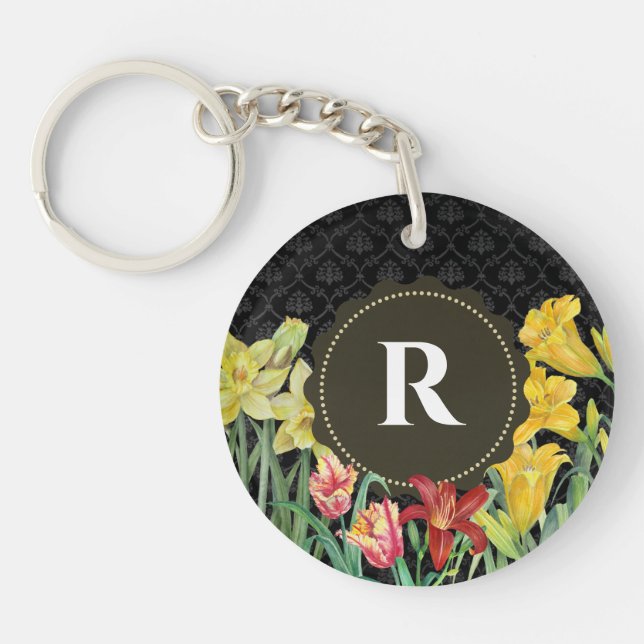 Monogram Initial Spring Flowers Damask Background Keychain (Front)