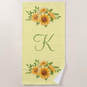 Monogram Initial Sunflowers Yellow Beach Towel