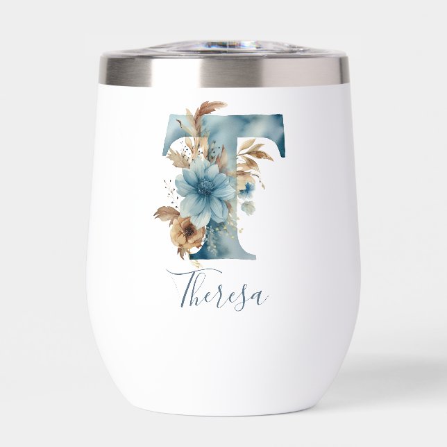 Monogram Initial T Blue Floral Watercolor Gift Her (Front)