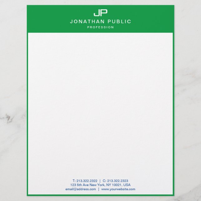 Monogram Initial Template Green White Customizable Letterhead (Front)