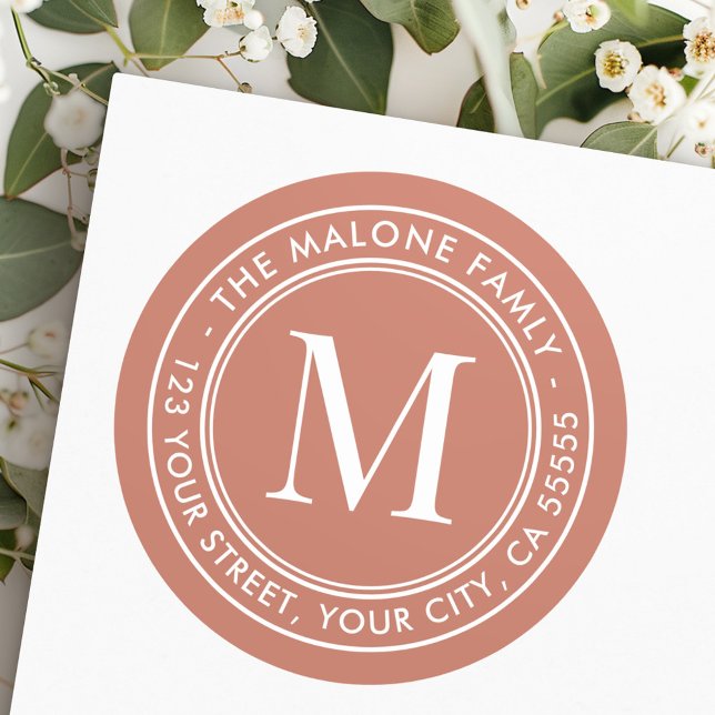Monogram initial terracotta brown return address classic round sticker (Monogram initial terracotta brown return address classic round sticker)