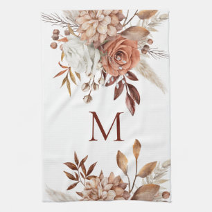Monogram Initial Terracotta Florals Pampas Kitchen Towel