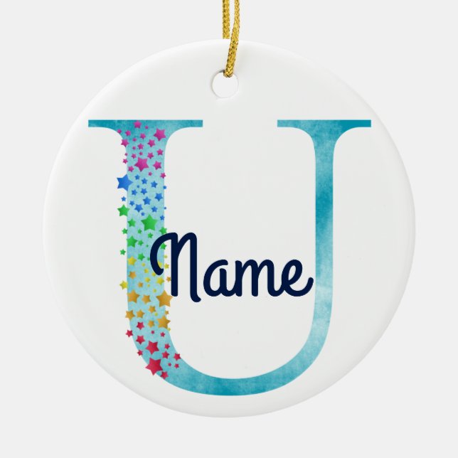 Monogram Initial U Rainbow Star design Ceramic Ornament (Front)