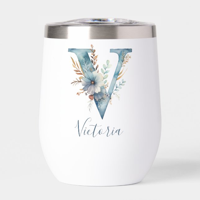 Monogram Initial V Blue Floral Watercolor Gift Her (Front)