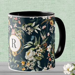 Monogram Initial, Vintage Watercolor Florals Combo Mug