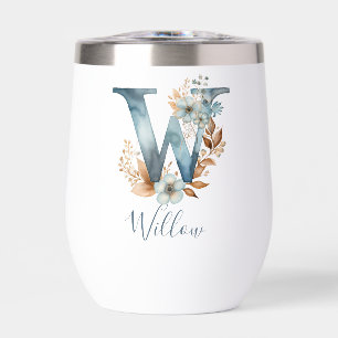 Monogram Initial W Blue Floral Watercolor Gift Her