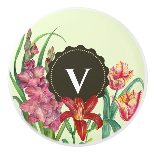Monogram Initial Warm Colour Floral Illustration Ceramic Knob (Front)