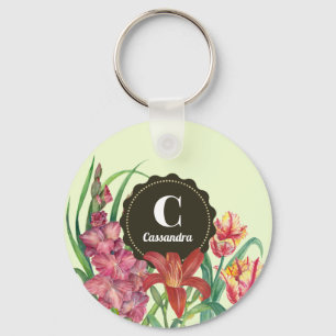 Monogram Initial Warm Colour Floral Spring Blooms Keychain