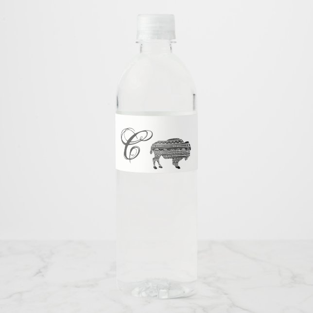 Monogram Initial Water Bottle Label Boho Buffalo T (Front)