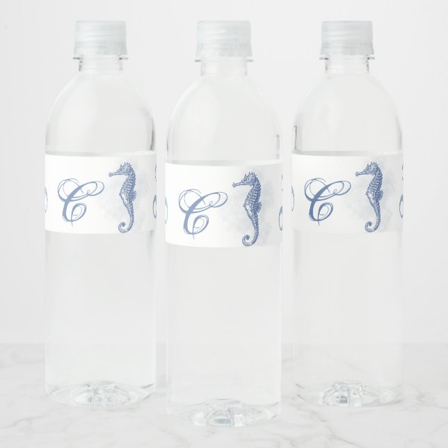 Monogram Initial Water Bottle Label Seahorse Sea (Bottles)