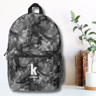 Monogram Initial Watercolor Black White Girls Printed Backpack