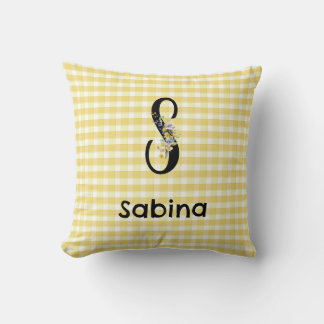 Monogram initial watercolor flower gingham pattern throw pillow
