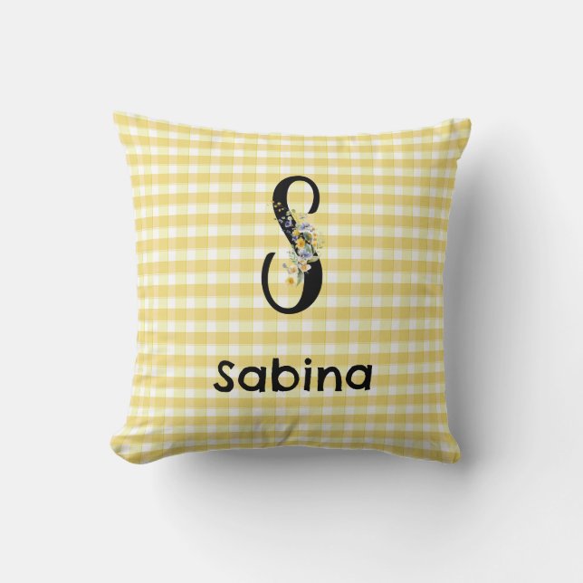 Monogram initial watercolor flower gingham pattern throw pillow (Front)