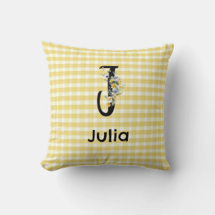 Monogram initial watercolor flower gingham pattern throw pillow