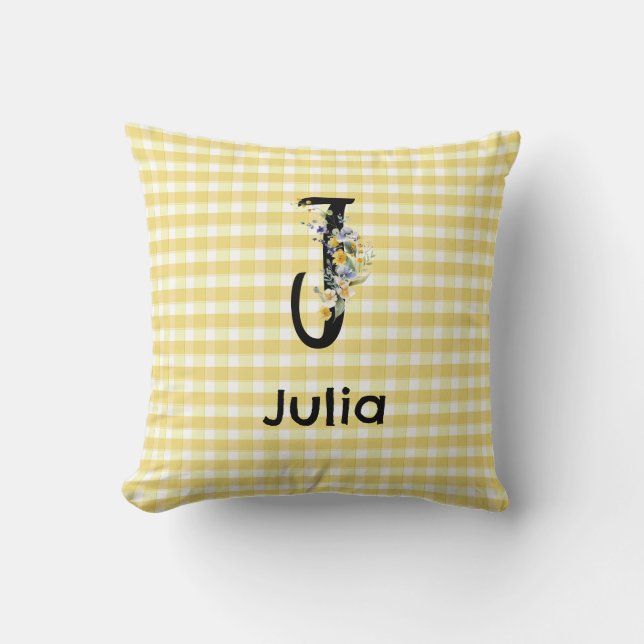 Monogram initial watercolor flower gingham pattern throw pillow (Front)