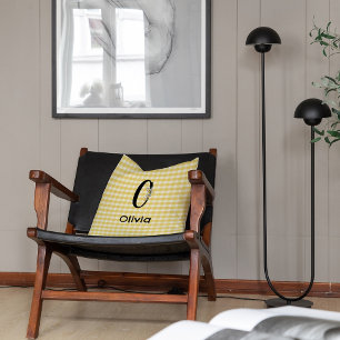 Monogram initial watercolor flower gingham pattern throw pillow