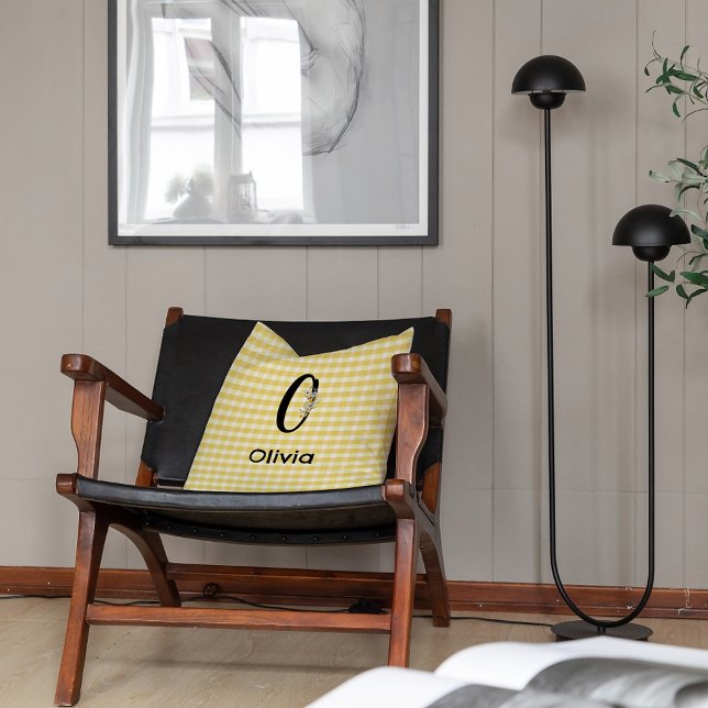Monogram initial watercolor flower gingham pattern throw pillow (Creator Uploaded)