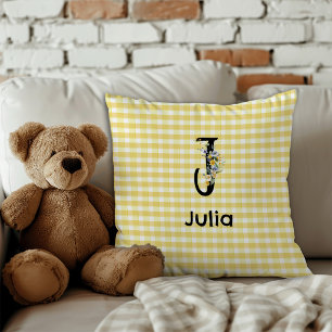 Monogram initial watercolor flower gingham pattern throw pillow