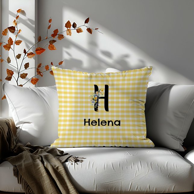 Monogram initial watercolor flower gingham pattern throw pillow (Creator Uploaded)