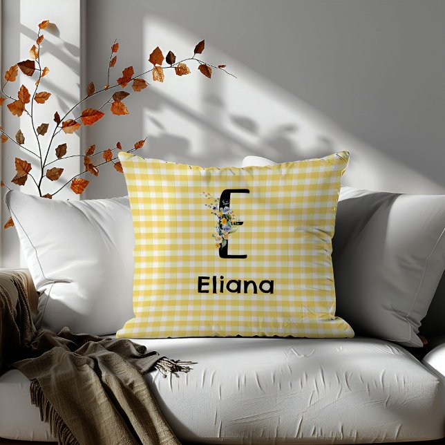 Monogram initial watercolor flower gingham pattern throw pillow (Creator Uploaded)