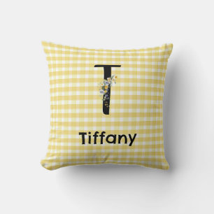 Monogram initial watercolor flower gingham pattern throw pillow