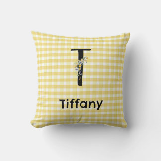 Monogram initial watercolor flower gingham pattern throw pillow