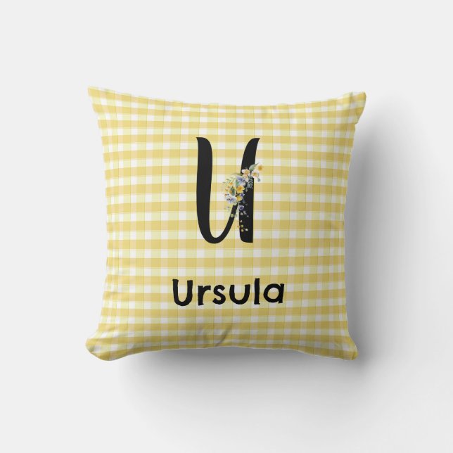 Monogram initial watercolor flower gingham pattern throw pillow (Front)