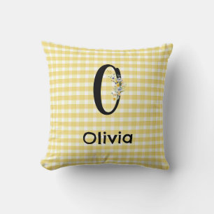 Monogram initial watercolor flower gingham pattern throw pillow