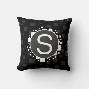 Monogram Initial White Black Grey Circles Squares Throw Pillow