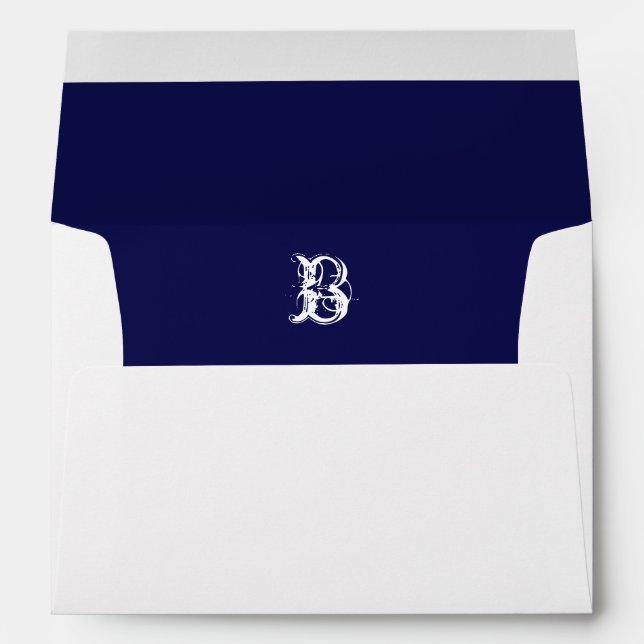 Monogram Initial White Envelope, Navy Liner Envelope (Back (Bottom))