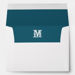 Monogram Initial White Envelope, Teal  Lined Envelopes