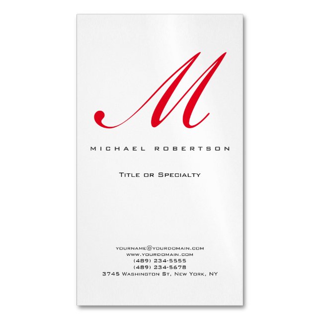 Monogram Initial White Red Unique Minimalist Magnetic Business Card (Front Vertical)