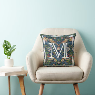 Monogram Initial William Morris Strawberry Thief Throw Pillow