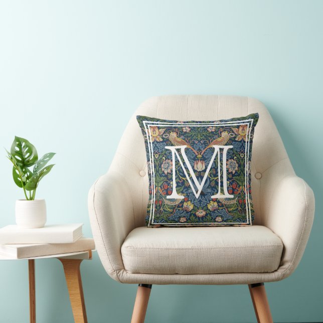 Monogram Initial William Morris Strawberry Thief Throw Pillow (Chair)